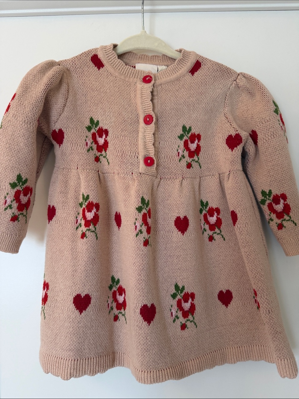 Flöss Girls Pink Knit Floral & Heart Button-Front Dress